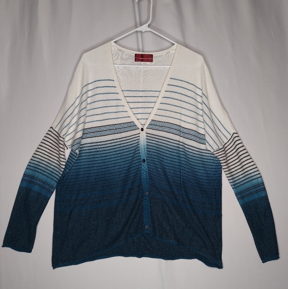 Left On Houston Cardigan Oversized Small Vneck Button Dolman Teal Stripe Knit - Picture 1 of 11